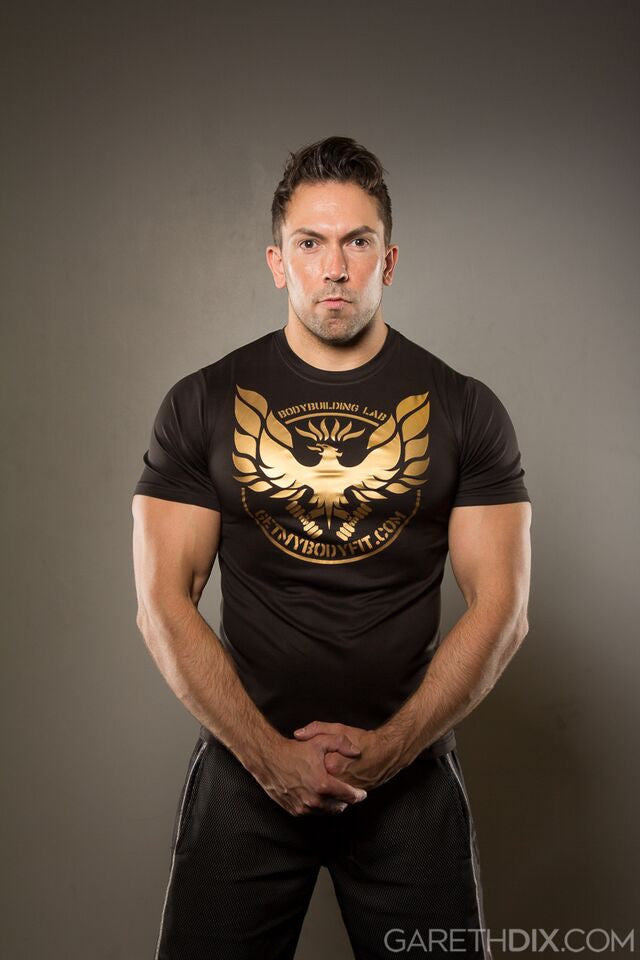 Mens Black gym Tshirt with GetMyBodyFit Signature Gold Logo