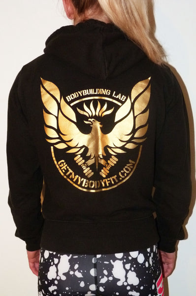 Womens Fit getmybodyfit Black Zip Hoodie Gold Logo