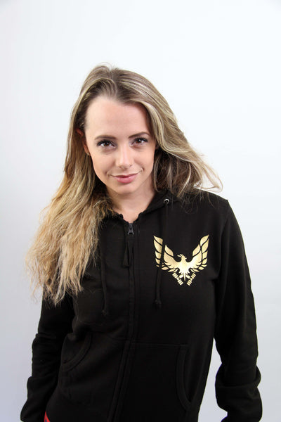 Womens Fit getmybodyfit Black Zip Hoodie Gold Logo