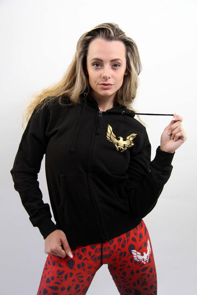 Womens Fit getmybodyfit Black Zip Hoodie Gold Logo