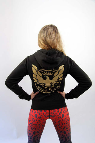 Womens Fit getmybodyfit Black Zip Hoodie Gold Logo